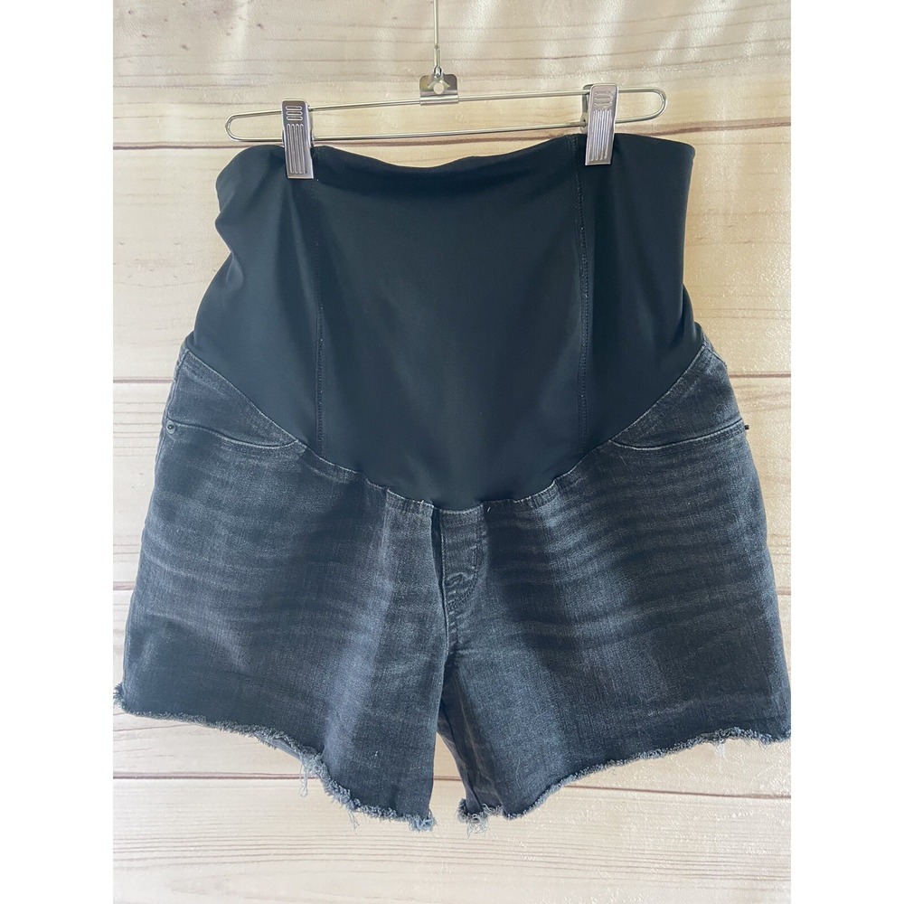 ISABEL Maternity Crossover Panel Over-Belly Black Jean Shorts Size 10 Cut Off
